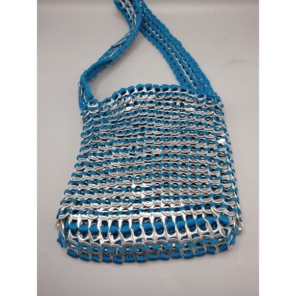 Macrame Aluminum Can Pull Tab Shoulder Bag Purse Round Teal Blue Pop Art Recycle - Picture 10 of 10